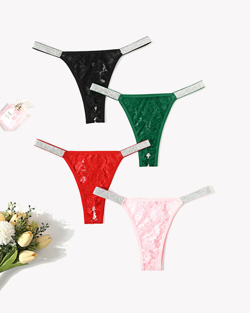 Set of lace low-rise panties with glitter trim straps: black, green, red, and pink