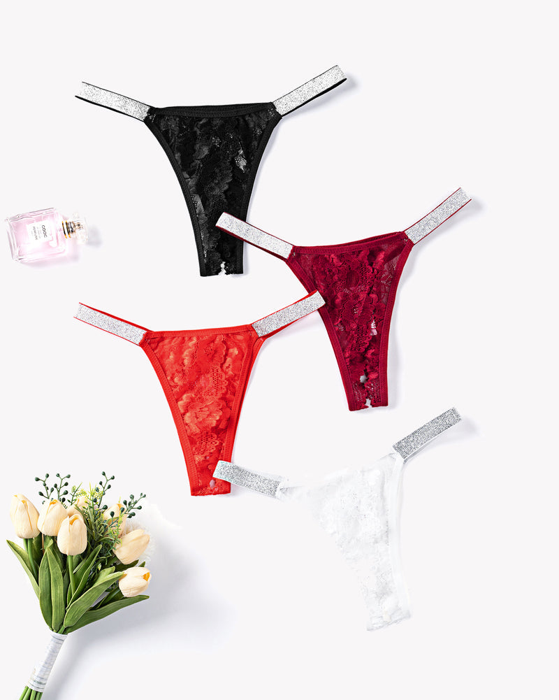 Low-rise lace panties with glitter shine straps, black and red assorted set