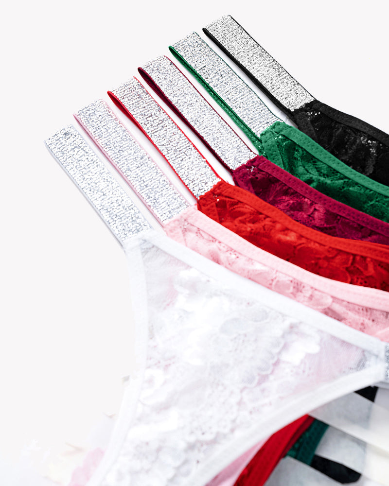 Low-rise lace panties with glitter shine straps, assortment in black, green, red, white