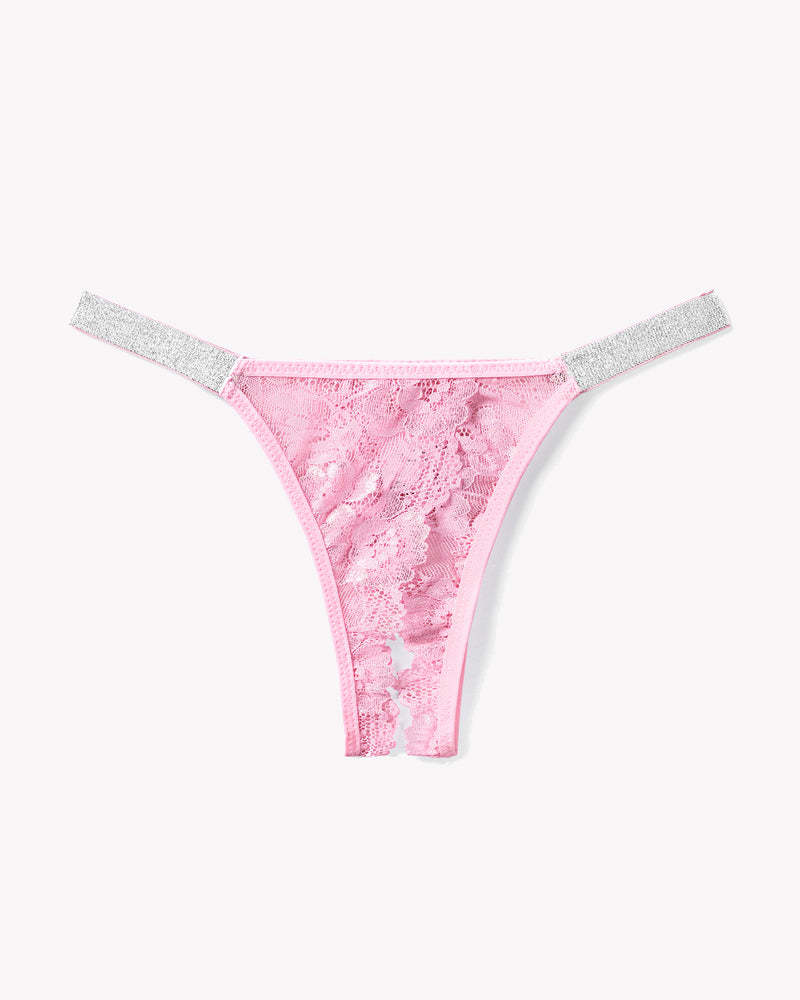 Pink lace low-rise thong with glitter shine straps, floral lace front