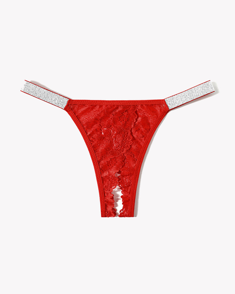 Red lace low-rise thong with glitter shine straps, lace front panel