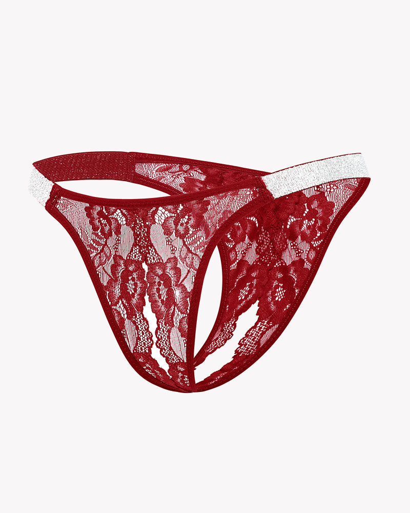 Dark red lace low-rise thong with glitter shine straps, floral lace pattern