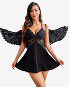 Black lace babydoll nightgown with winged lace sleeves and V-neck bodice