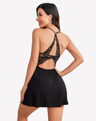 Black lace babydoll nightgown, open-back strappy design with ruched waist