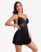 Black lace babydoll nightgown with V-neck lace bodice and gathered skirt