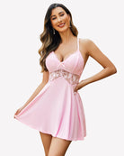 Pink lace babydoll nightgown with V-neck lace bodice and short flared skirt