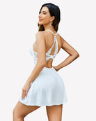 White lace babydoll nightgown back view, lace straps and short flared skirt