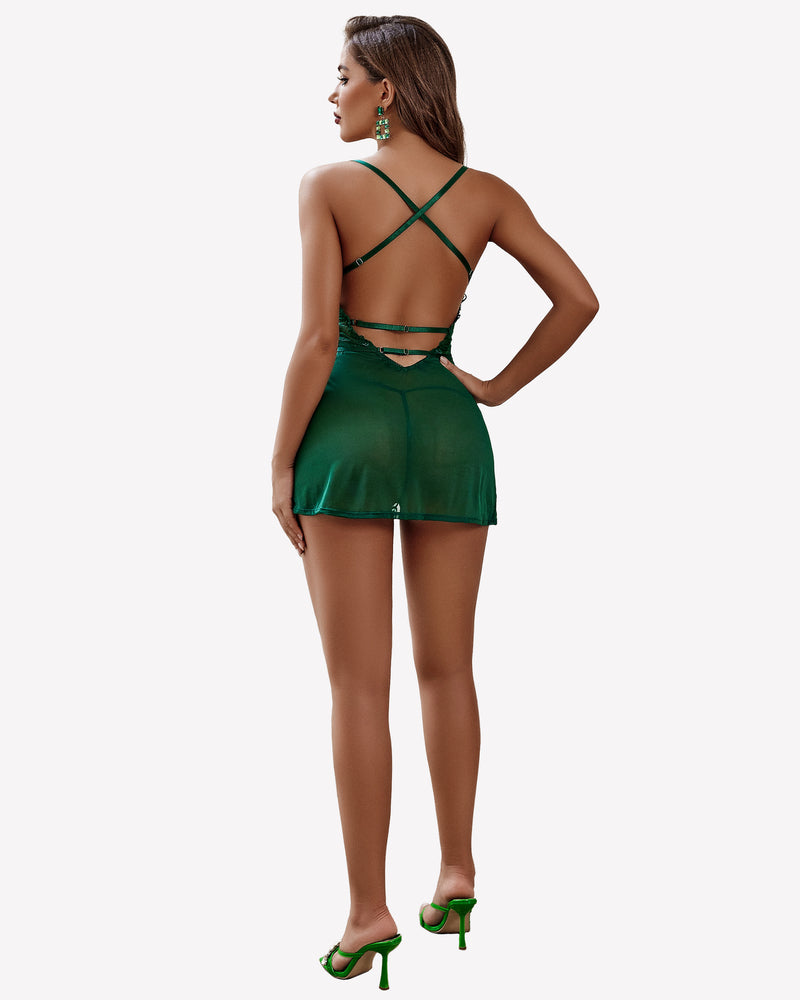 Green lace chemise dress with crisscross back straps and short skirt