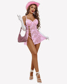 Pink lace chemise dress with underbust cups, thin straps, scalloped hem