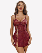 Wine red lace chemise dress with underwire cups and cutout waist detail