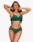 Green lace underwire push-up bra with matching lace panties set