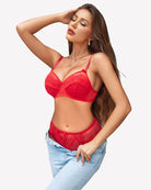 Red lace underwire push-up bra and matching lace panties set, thin shoulder straps