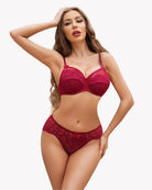 Wine red lace underwire push-up bra and high-rise lace panties set, thin straps