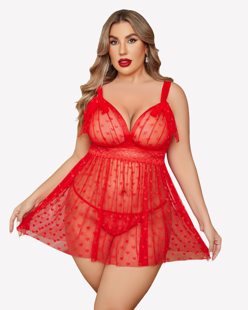 Red sheer lace babydoll nightie with heart pattern tulle skirt and adjustable straps