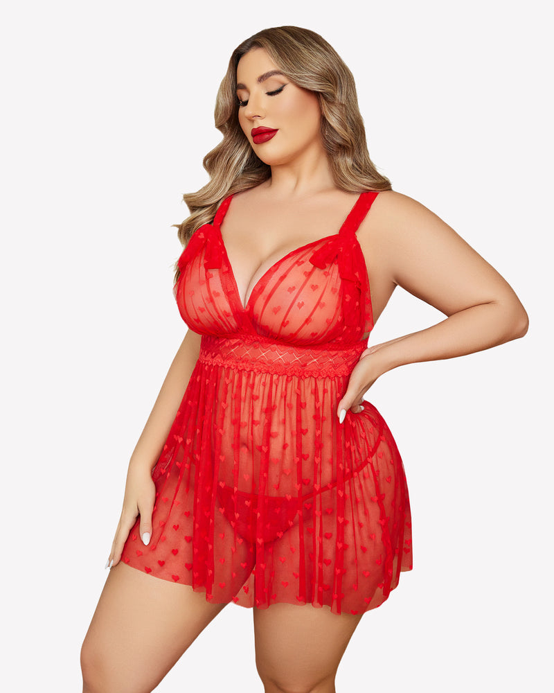 Red sheer lace nightie with heart pattern tulle skirt and underwire cups, adjustable straps