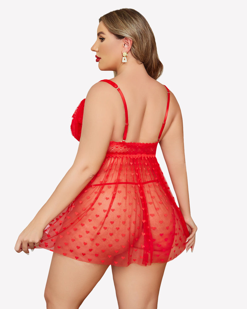 Red sheer lace babydoll nightie, open back look, heart pattern tulle skirt and straps