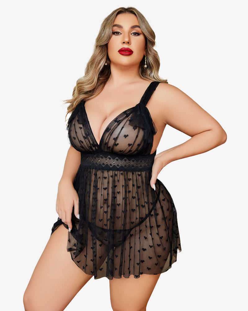 Black plus-size sheer lace nightie with heart-pattern mesh, bow straps, babydoll hem