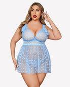 Light blue sheer lace babydoll nightie with heart pattern tulle skirt and ruffled straps