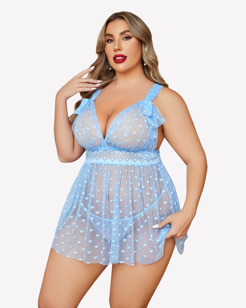 Light blue sheer lace nightie with heart print tulle skirt and underwire cups, adjustable straps