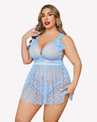 Light blue sheer lace nightie with heart print tulle skirt and underwire cups, adjustable straps