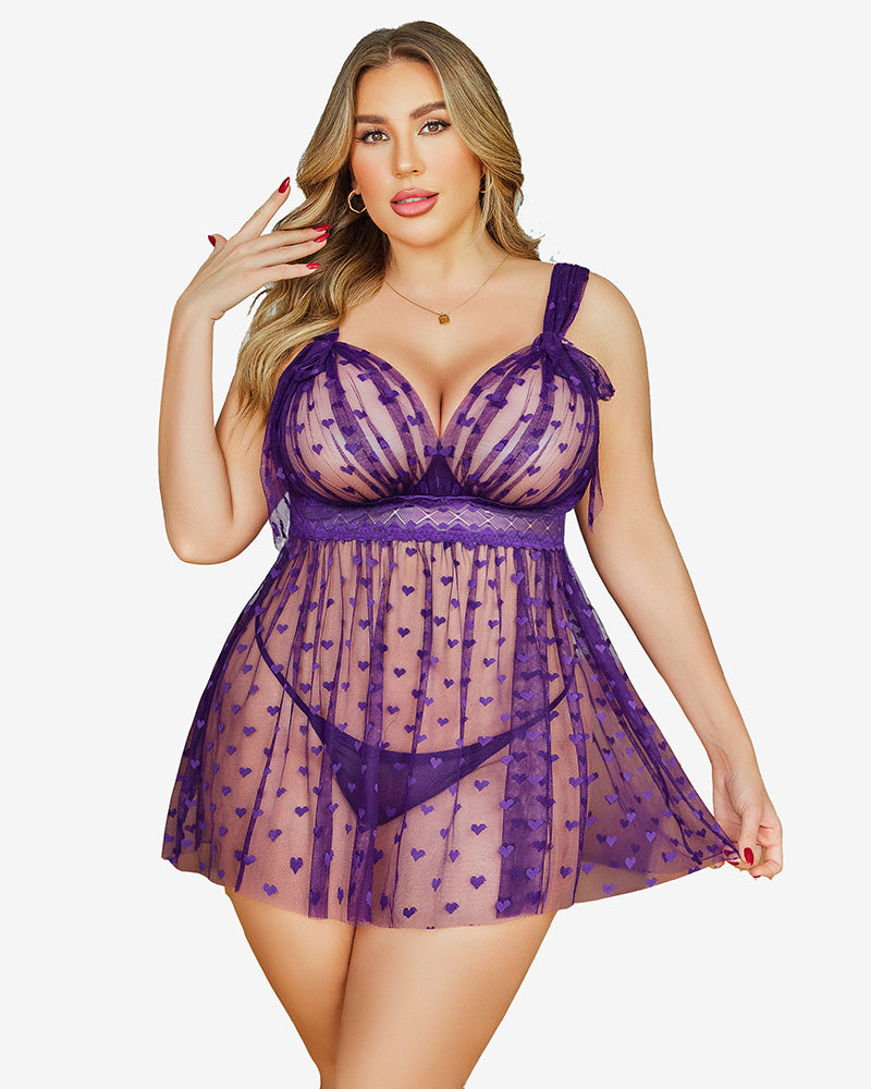 Plus size lace sheer nightie in purple with heart print, lace-trim cups, mesh skirt
