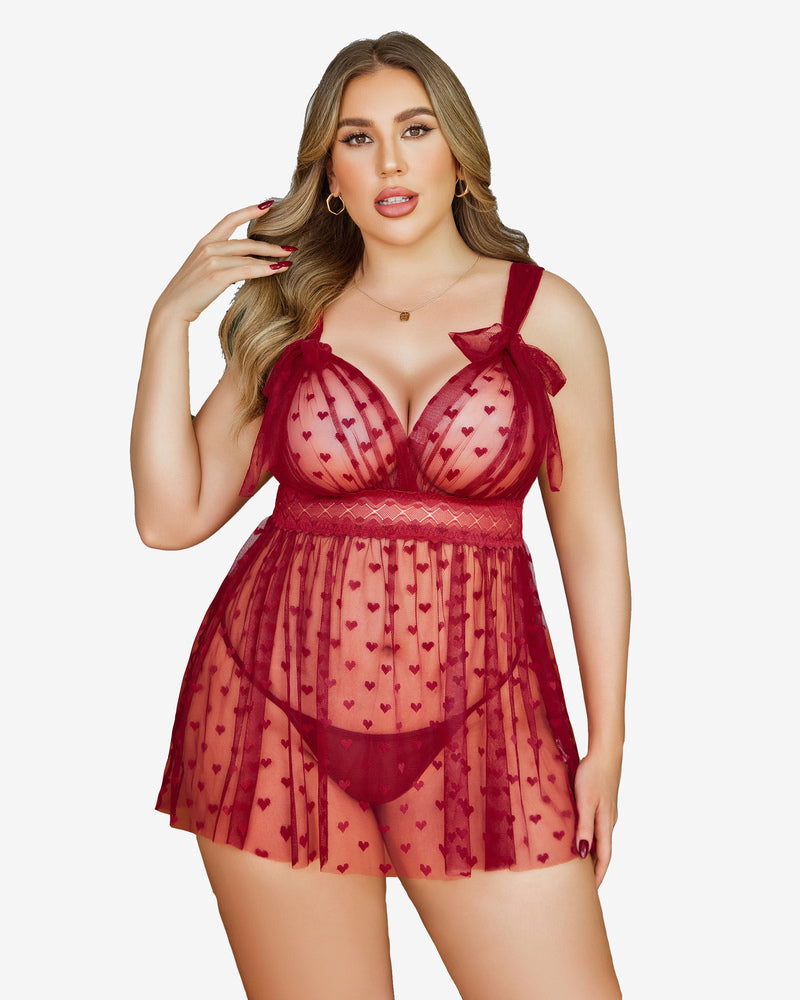 Wine red sheer lace babydoll nightie with heart pattern tulle skirt and bow-tie straps