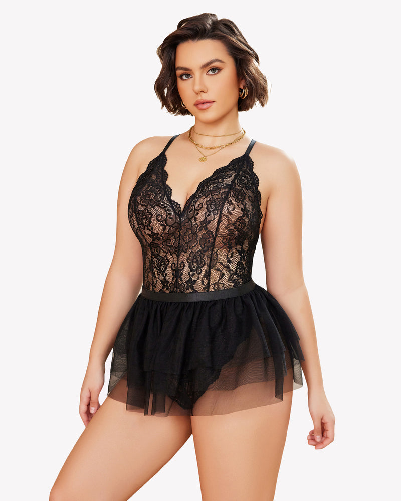 Black lace teddy nighty with V-neck, scalloped trim, and sheer tulle skirt overlay