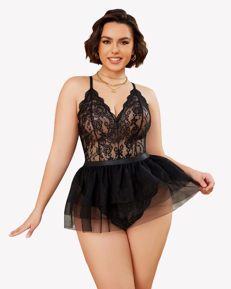 Black lace teddy nighty with V-neck and sheer tulle babydoll skirt detail