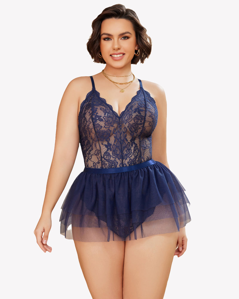 Navy lace teddy nighty with V-neck and layered sheer tulle skirt
