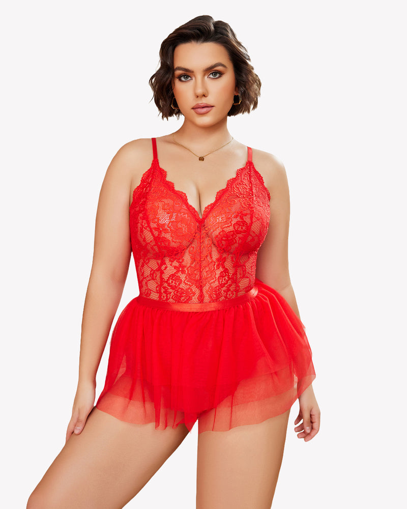 Red lace teddy nighty with V-neck and flared sheer tulle babydoll skirt