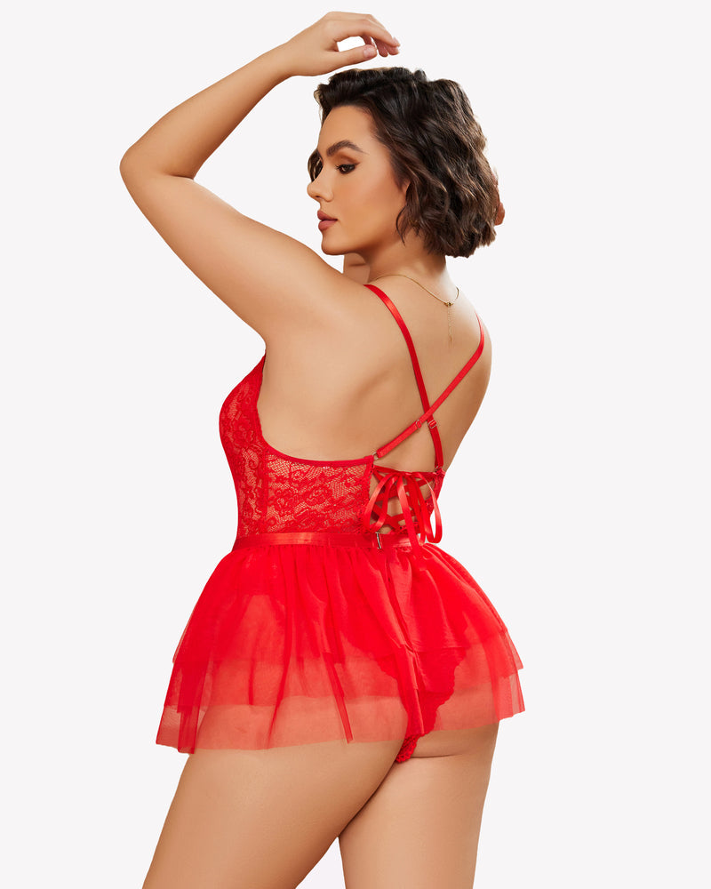 Red lace teddy nighty with crisscross back straps and sheer tulle skirt
