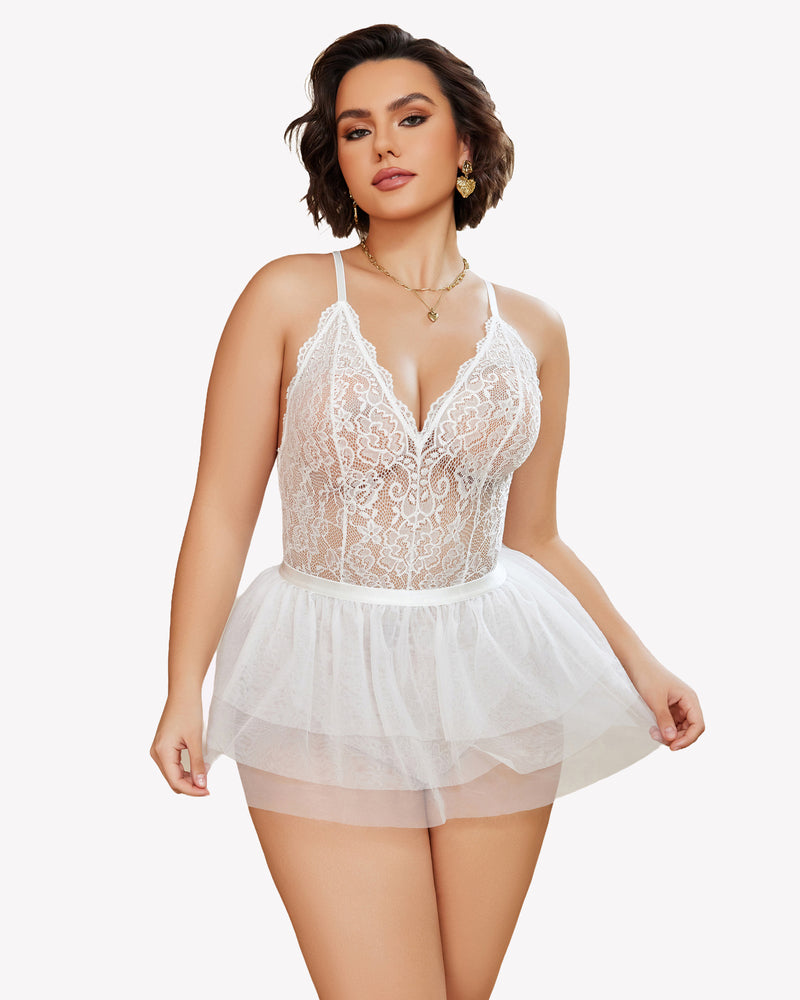 White lace teddy nighty with V-neck and layered sheer tulle skirt
