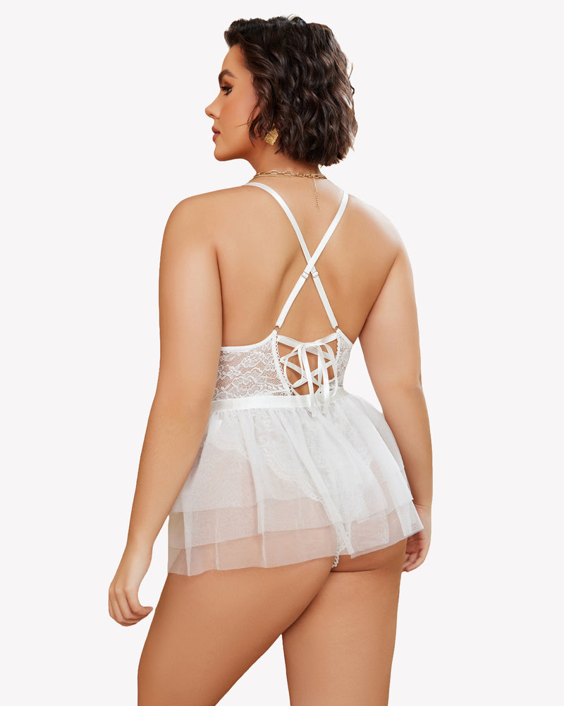 White lace teddy nighty with open-back straps and sheer tulle skirt
