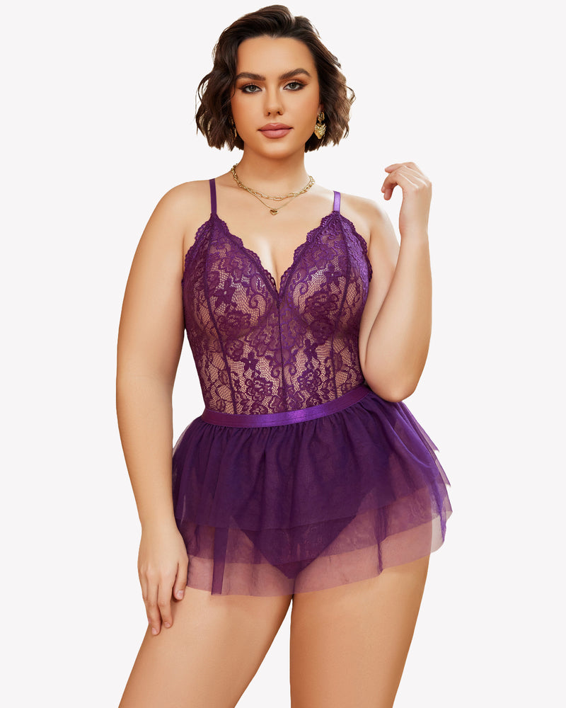 Plus size lace teddy nighty with V-neck, purple lace bodice and mesh babydoll hem