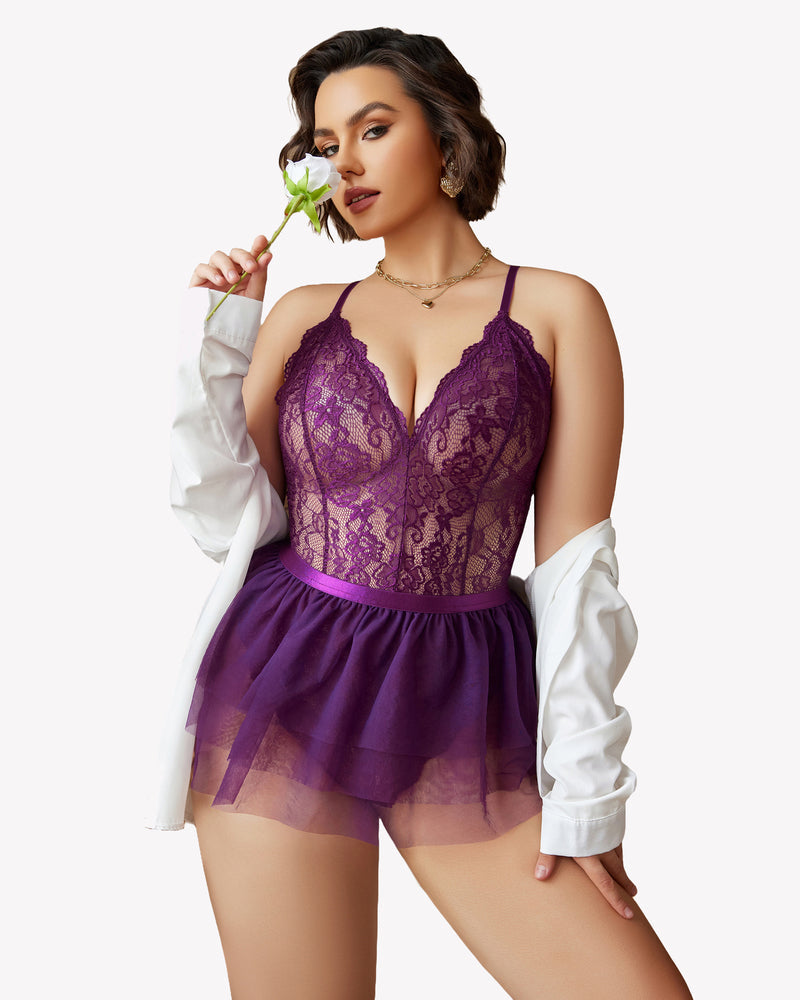 Plus size lace teddy nighty, purple lace plunge front and layered tulle ruffle