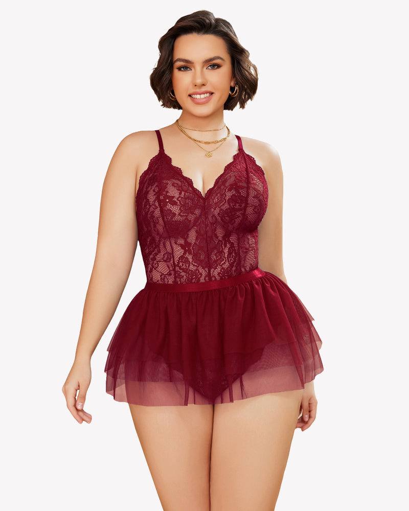 Plus size lace teddy nighty with V-neck, burgundy lace bodice and tulle babydoll