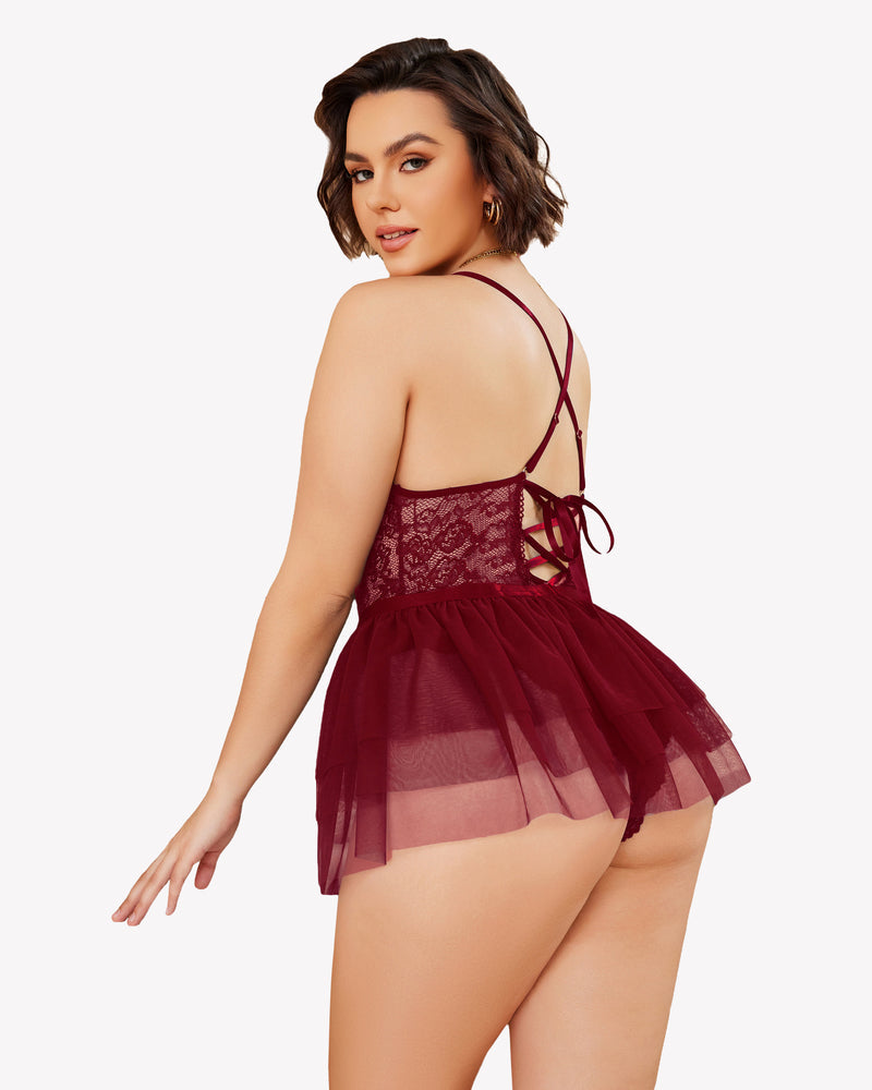 Plus size lace teddy nighty, burgundy lace back with crisscross straps and tulle skirt