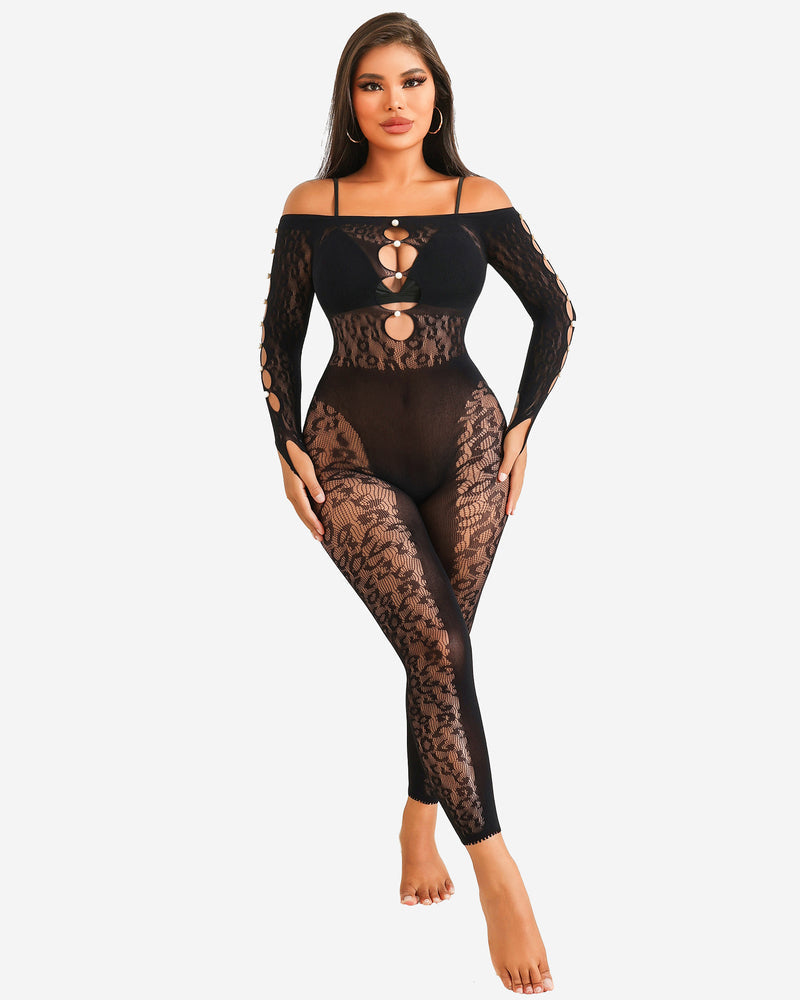 Black off-shoulder fishnet bodysuit with long sleeves and oval ring cutout center