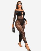 Black off-shoulder fishnet bodysuit with long sleeves and oval ring cutout front