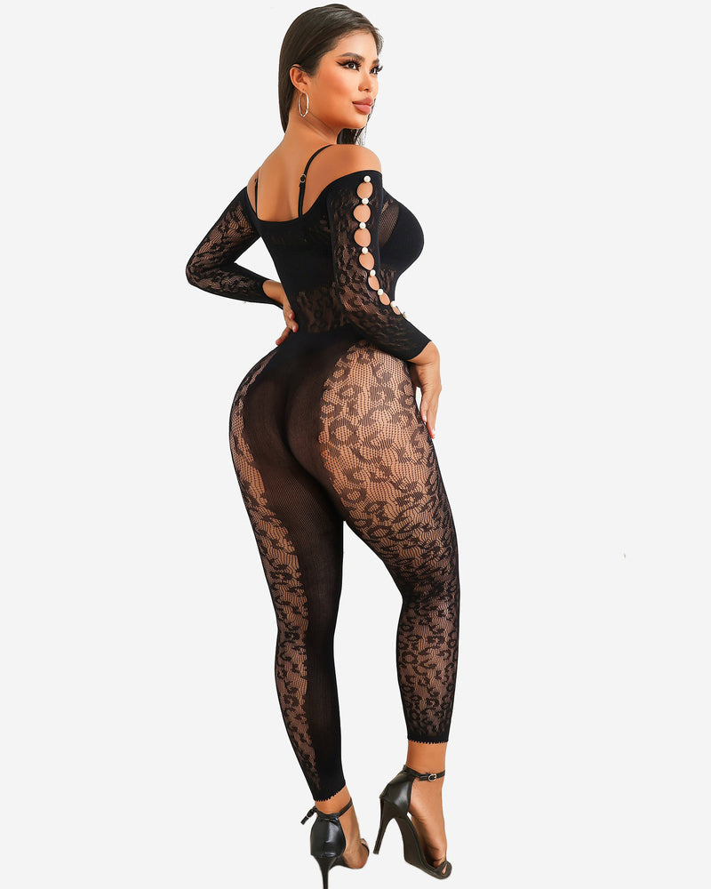 Black off-shoulder fishnet bodysuit with long sleeves and oval ring cutout at back