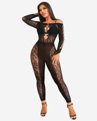 Black off-shoulder fishnet bodysuit with long sleeves and oval ring cutout detail