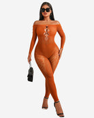 Orange off-shoulder fishnet bodysuit with long sleeves and oval ring cutout front