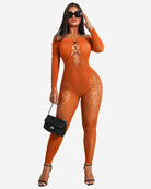 Orange off-shoulder fishnet bodysuit with long sleeves and oval ring cutout center