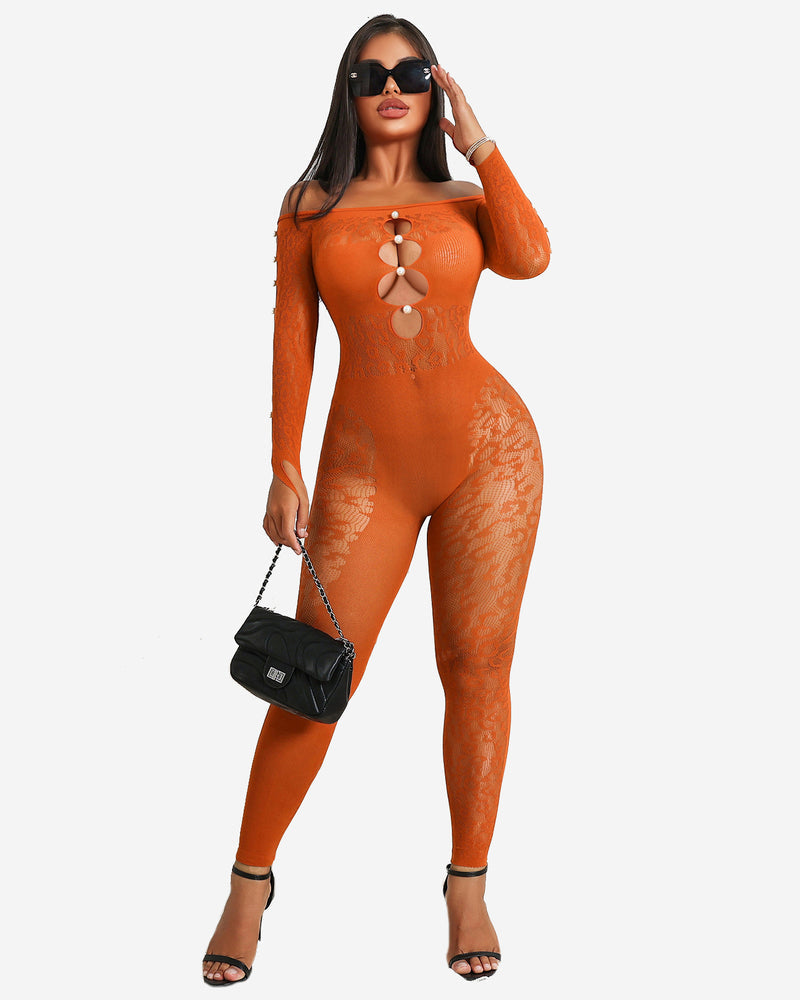 Orange off-shoulder fishnet bodysuit with long sleeves and oval ring cutout center