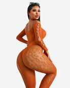 Orange off-shoulder fishnet bodysuit with long sleeves and oval ring cutout on back