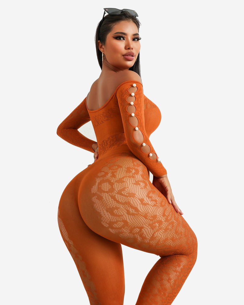 Orange off-shoulder fishnet bodysuit with long sleeves and oval ring cutout on back