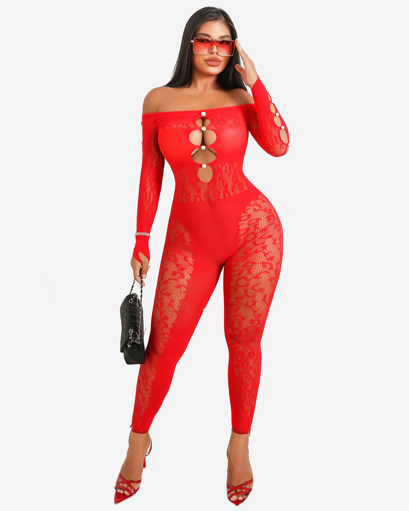 Red off-shoulder fishnet bodysuit with long sleeves and oval ring cutout front