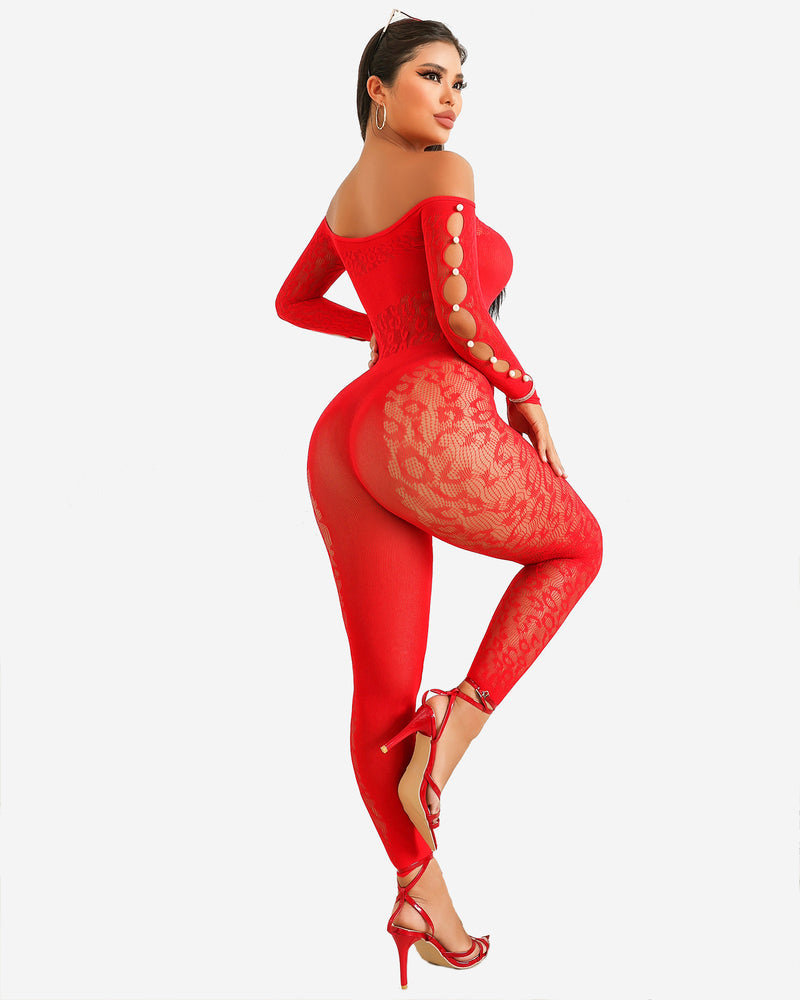 Red off-shoulder fishnet bodysuit with long sleeves and oval ring cutout on back