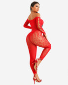 Red off-shoulder fishnet bodysuit with long sleeves and oval ring cutout on back