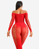 Red fishnet off-shoulder bodysuit, long sleeves, gold ring accents, fitted lace panels